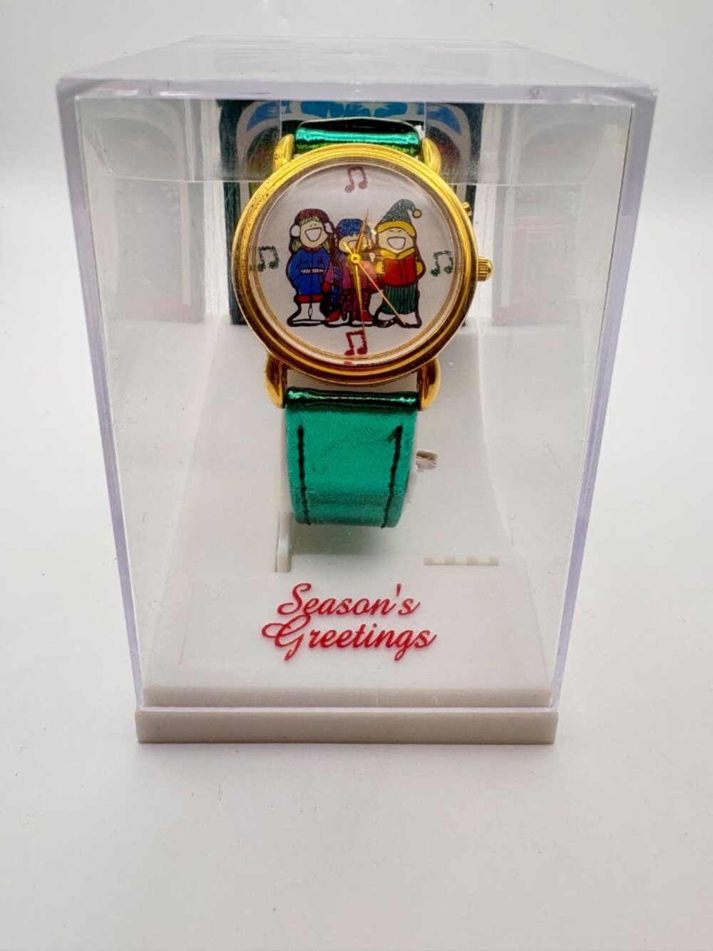 Vintage Season's Greetings Christmas Musical Watch Gold Tone Green Strap Box